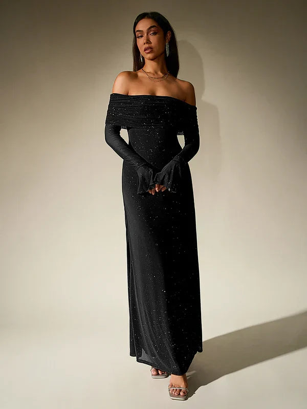 W&W Mode | Schulterfreies Abendkleid in Braun Mit Glitzer