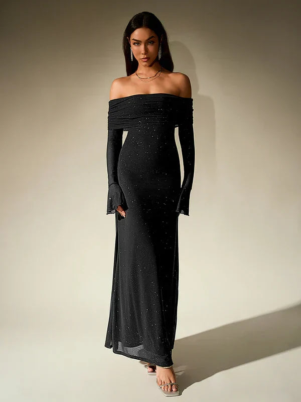 W&W Mode | Schulterfreies Abendkleid in Braun Mit Glitzer