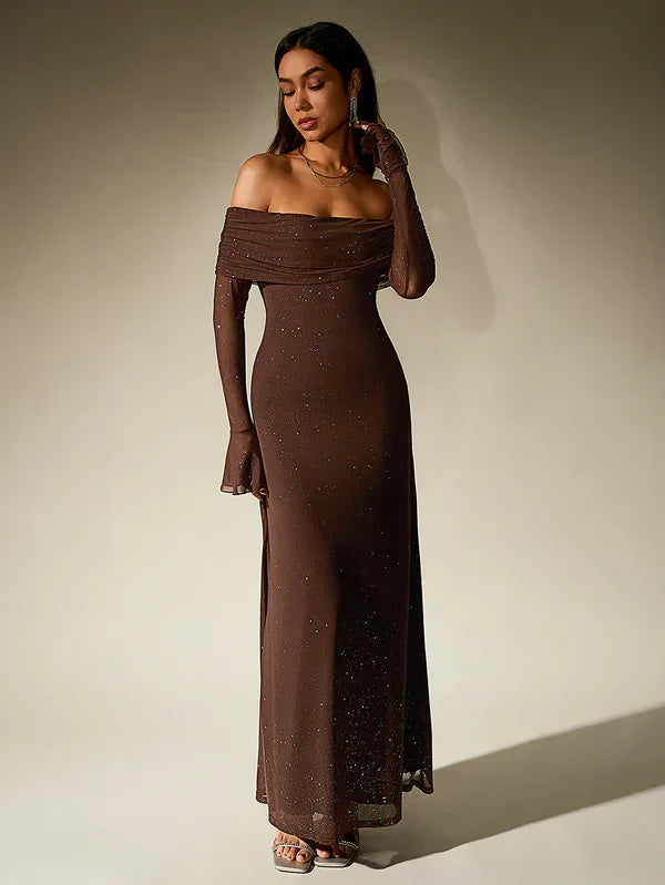 W&W Mode | Schulterfreies Abendkleid in Braun Mit Glitzer