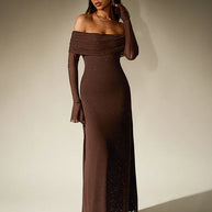 WW | Schulterfreies Abendkleid in Braun Mit Glitzer