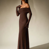 WW | Schulterfreies Abendkleid in Braun Mit Glitzer