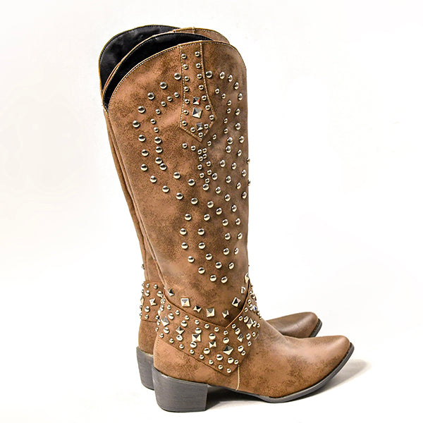 W&W Mode - Hohe Stiefel Mit Metallnieten Und Kobigem Absatz