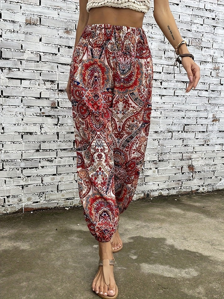 Damen Boho-Hose mit Allover-Print und elastischem Smockbund
