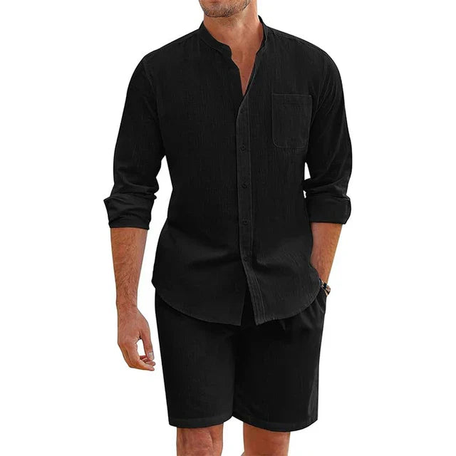 WW | Atmungsaktive Baumwolle Leinen 2 Teil Outfit Weinlese Stehkragen Hemd & Shorts Satz