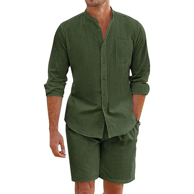 WW | Atmungsaktive Baumwolle Leinen 2 Teil Outfit Weinlese Stehkragen Hemd & Shorts Satz