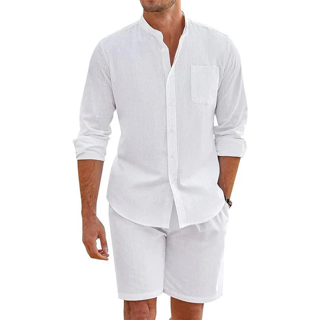 WW | Atmungsaktive Baumwolle Leinen 2 Teil Outfit Weinlese Stehkragen Hemd & Shorts Satz