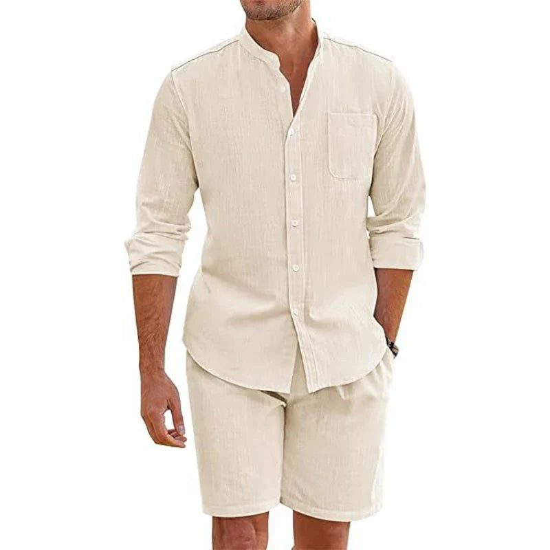 WW | Atmungsaktive Baumwolle Leinen 2 Teil Outfit Weinlese Stehkragen Hemd & Shorts Satz