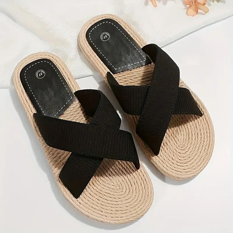W&W Mode | Pantoletten Slip On Cross Bands Schuhe für den Sommer Flache Sandalen