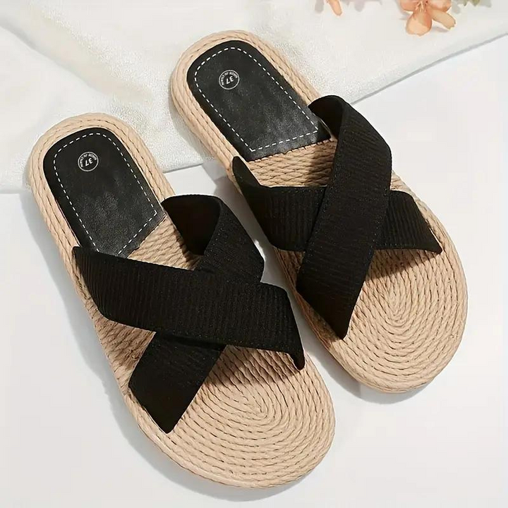 W&W Mode | Pantoletten Slip On Cross Bands Schuhe für den Sommer Flache Sandalen