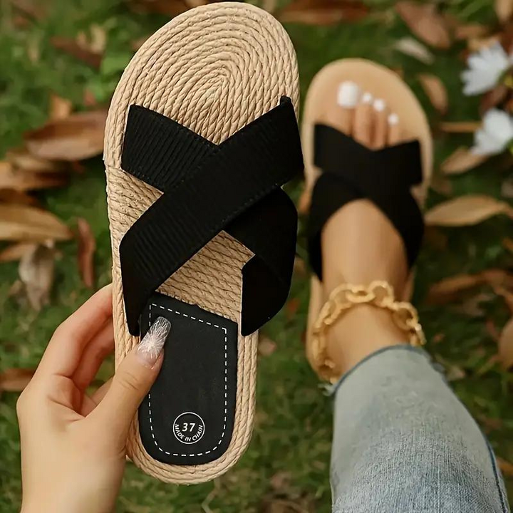 W&W Mode | Pantoletten Slip On Cross Bands Schuhe für den Sommer Flache Sandalen