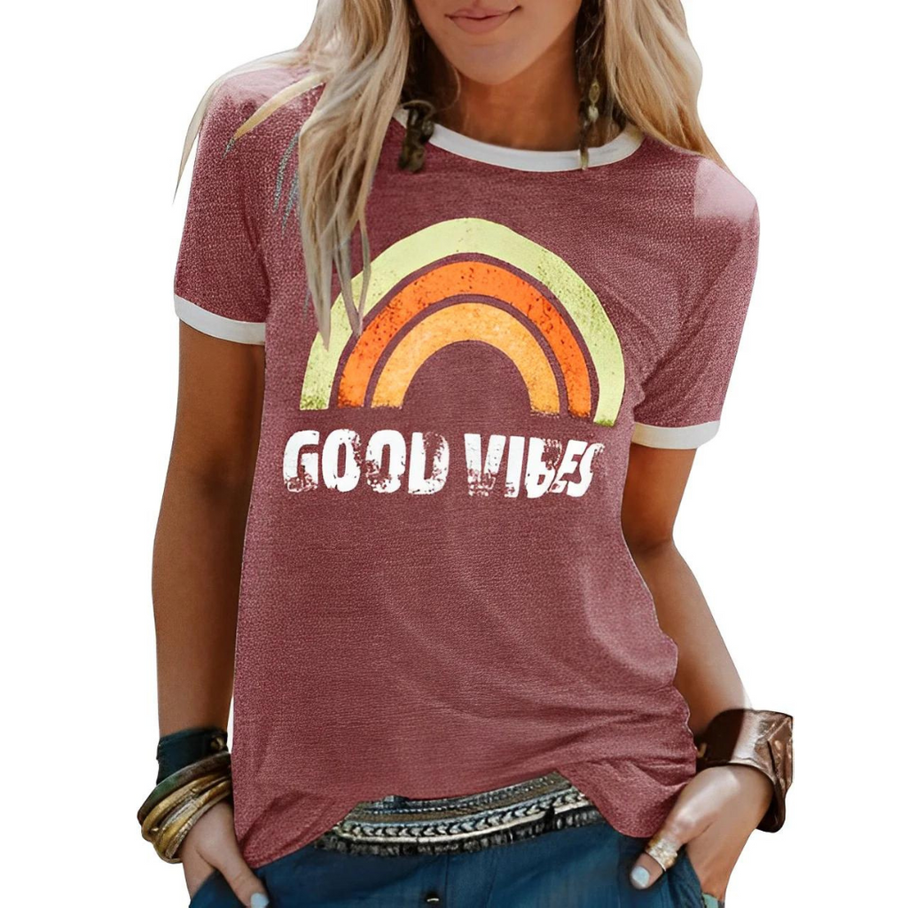 WW | T Shirt Rundhalsausschnitt Druck Kurzarmbluse Damenbekleidung