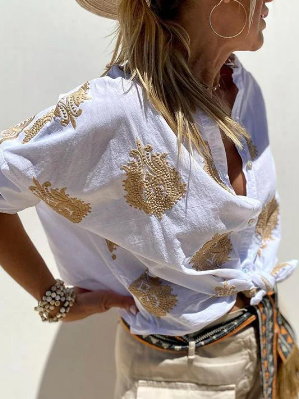 WW | mit Knopfleiste Boho Stil lockere Passform Langarm Shirt Damen Leinenhemd