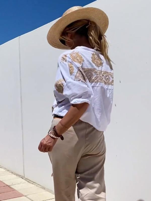 WW | mit Knopfleiste Boho Stil lockere Passform Langarm Shirt Damen Leinenhemd