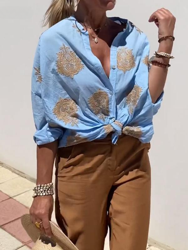 W&W Mode | mit Knopfleiste Boho Stil lockere Passform Langarm Shirt Damen Leinenhemd