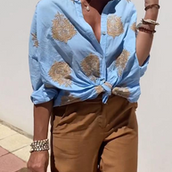 WW | mit Knopfleiste Boho Stil lockere Passform Langarm Shirt Damen Leinenhemd