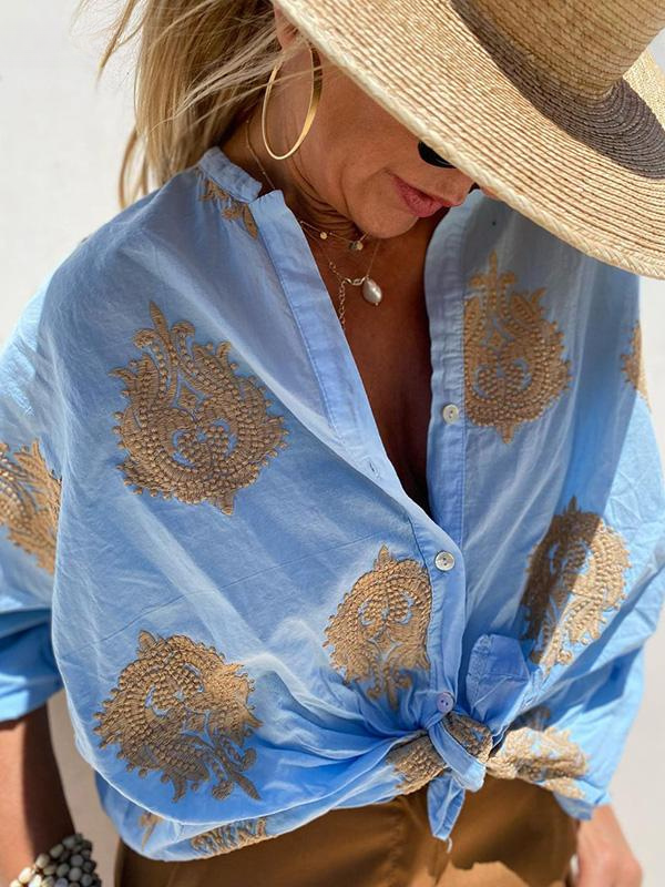 WW | mit Knopfleiste Boho Stil lockere Passform Langarm Shirt Damen Leinenhemd