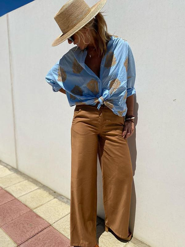 WW | mit Knopfleiste Boho Stil lockere Passform Langarm Shirt Damen Leinenhemd