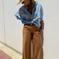 WW | mit Knopfleiste Boho Stil lockere Passform Langarm Shirt Damen Leinenhemd