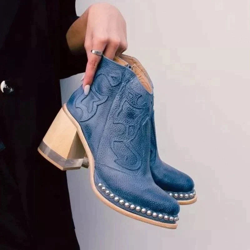 Damen-Lederstiefel mit besticktem Muster und Blockabsatz