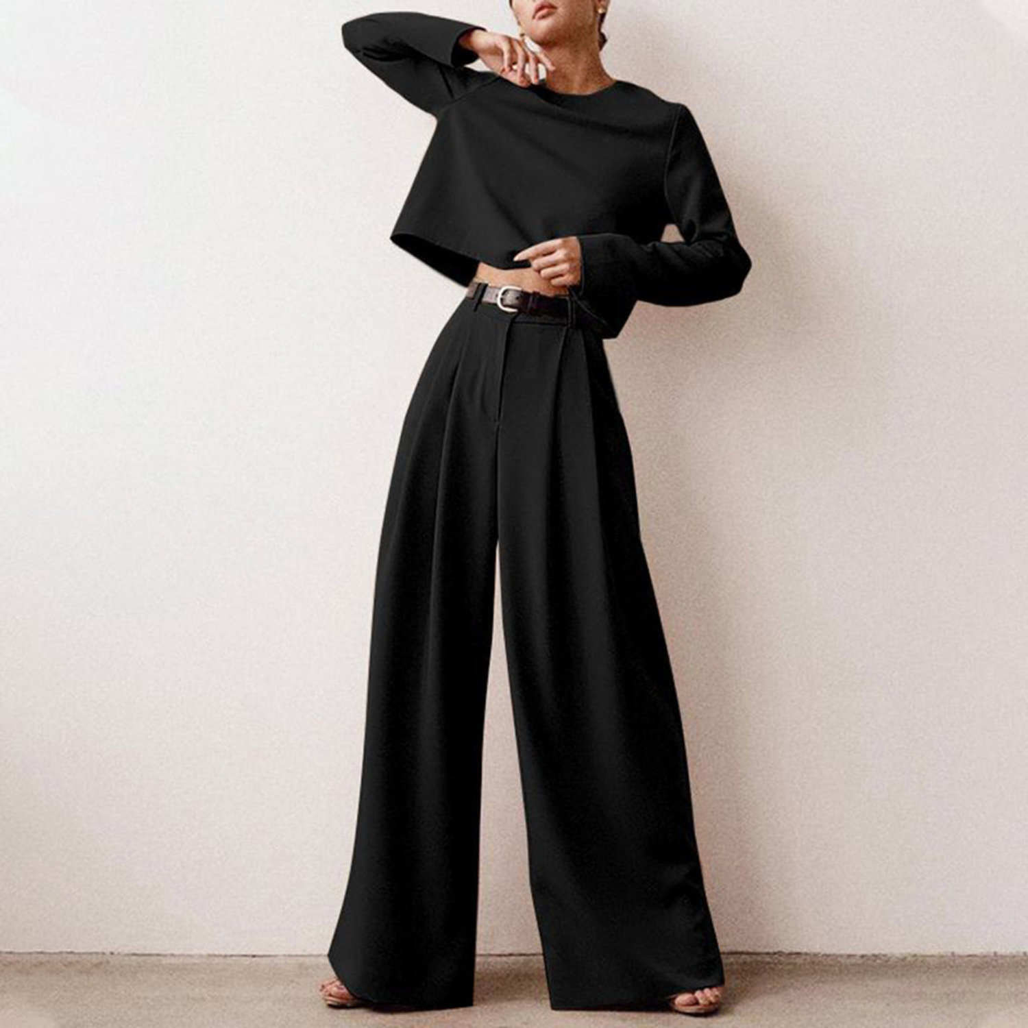 WW | Elegantes Langarm Shirt Und Palazzo Hosen Satz Für Frauen