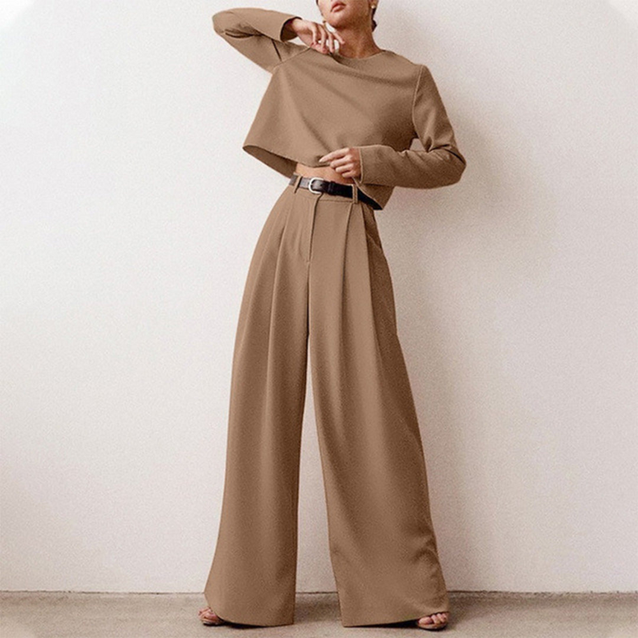 WW | Elegantes Langarm Shirt Und Palazzo Hosen Satz Für Frauen