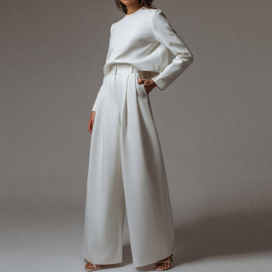 WW | Elegantes Langarm Shirt Und Palazzo Hosen Satz Für Frauen
