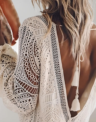 WW | Beigefarbenes Badekleid Im Häkel Spitzenstil Kleid