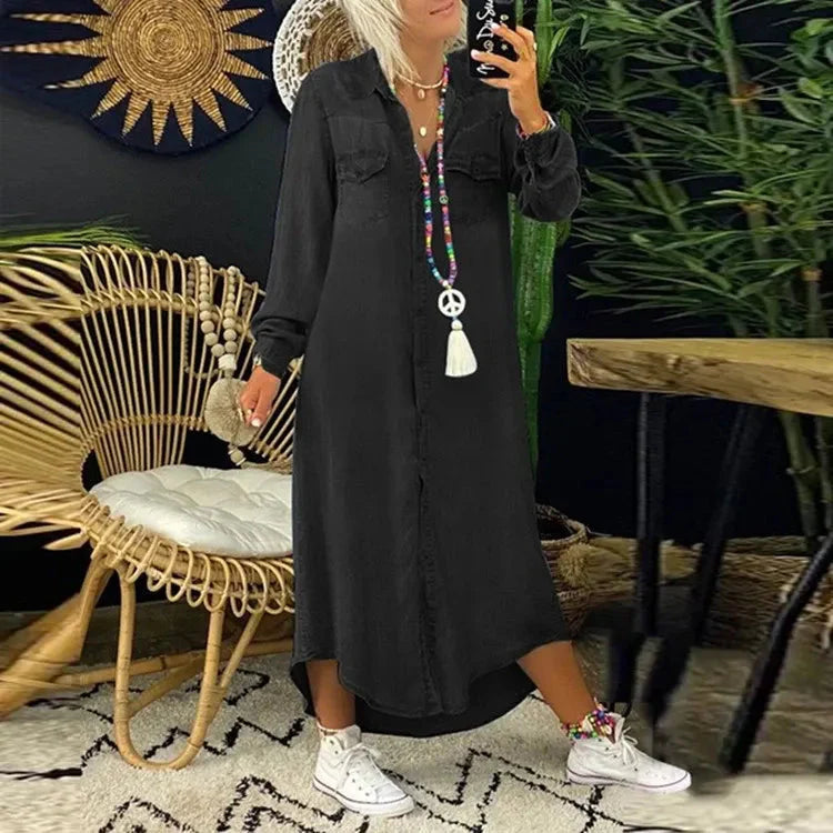 WW | Kleid Langärmeliges, locker sitzendes, knöpfbares Maxi Shirt Kleid