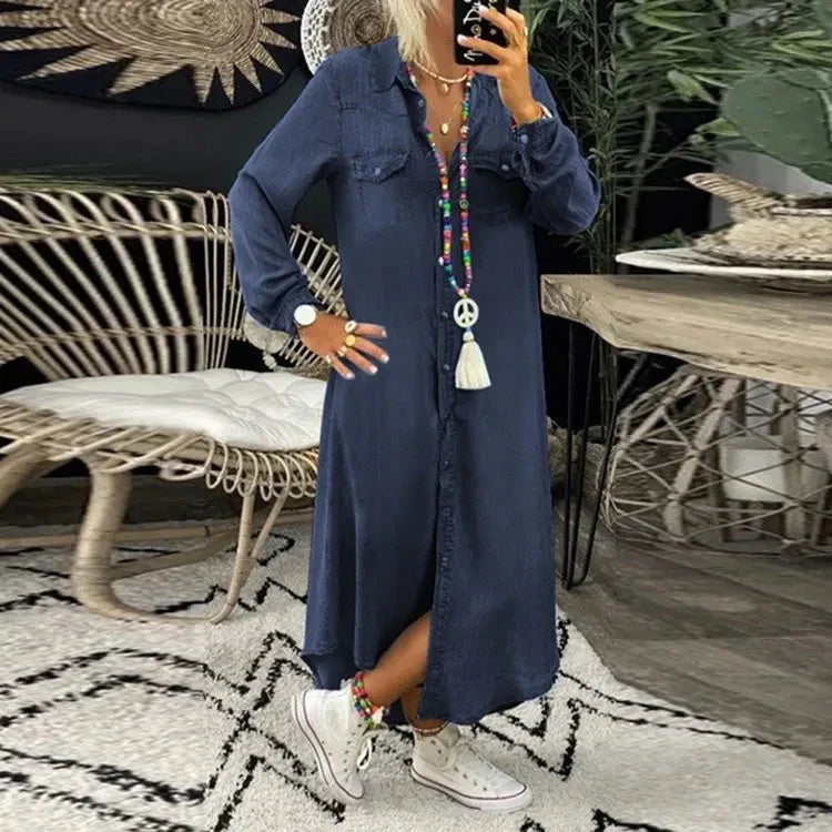 W&W Mode | Kleid Langärmeliges, locker sitzendes, knöpfbares Maxi Shirt Kleid