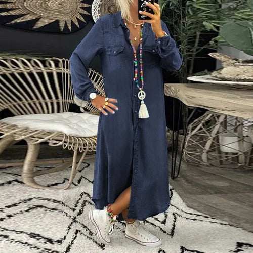 WW | Kleid Langärmeliges, locker sitzendes, knöpfbares Maxi Shirt Kleid