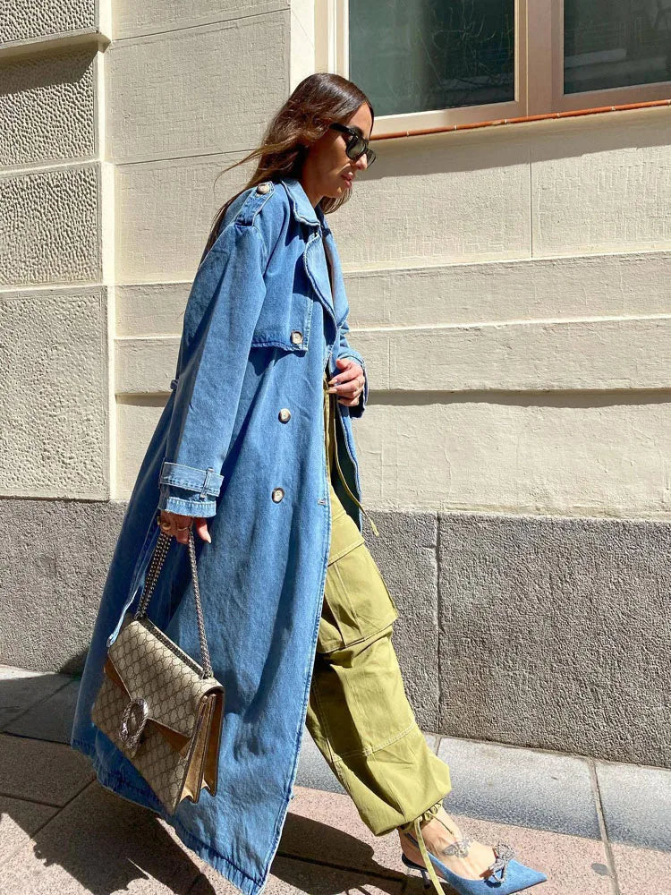 W&W Mode | Übergroße Denim Trenchcoat mit Knopf Frontdesign