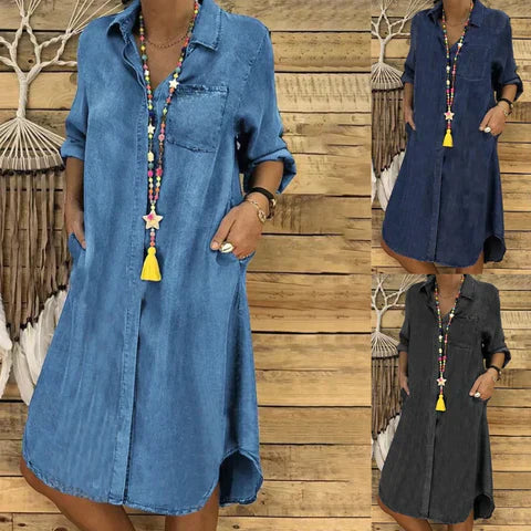 WW | Jeans Midi-Kleid mit Umgeschlagenen Ärmeln und Brusttasche.