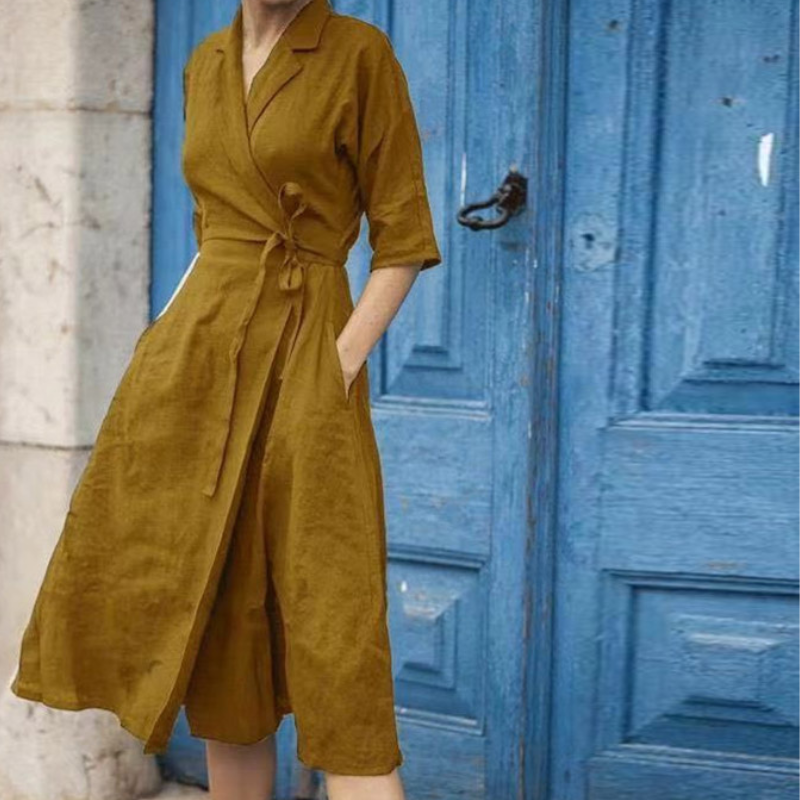 Damen-Midi-Hemdkleid mit Taillengürtel und klassischem Kragen