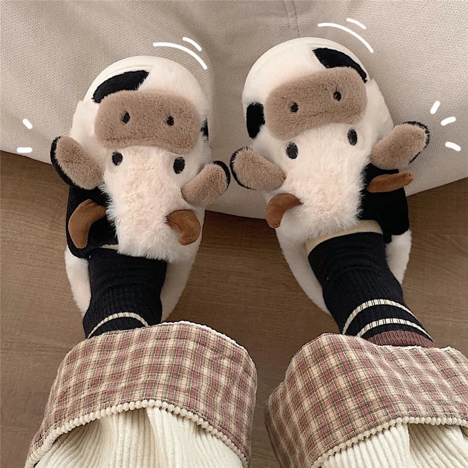 WW | Plüschhausschuhe Mit Tierischer Kuh Für Frauen