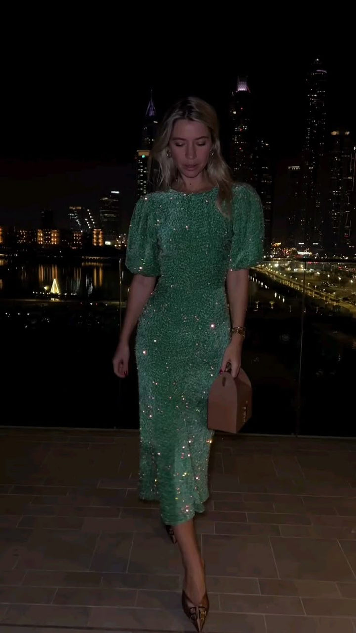 Damen-Maxikleid mit Rundhalsausschnitt und Paillettenärmeln