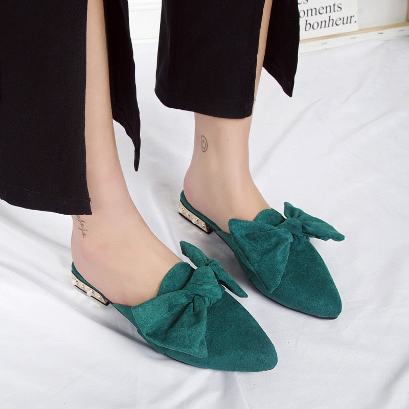 WW | Canvas Bonded Leather Einfarbige Spitzzehen mit Luxus Niedrigen Absätzen Damen Mules Schuhe