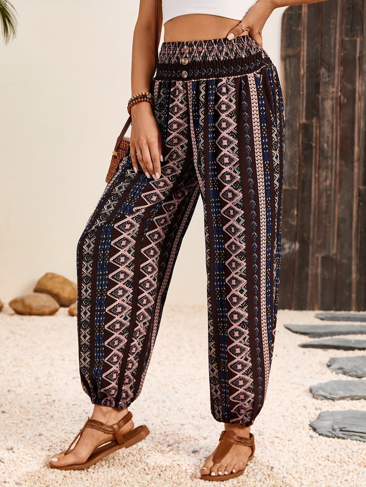 Damen Boho-Hose mit Allover-Print und elastischem Smockbund