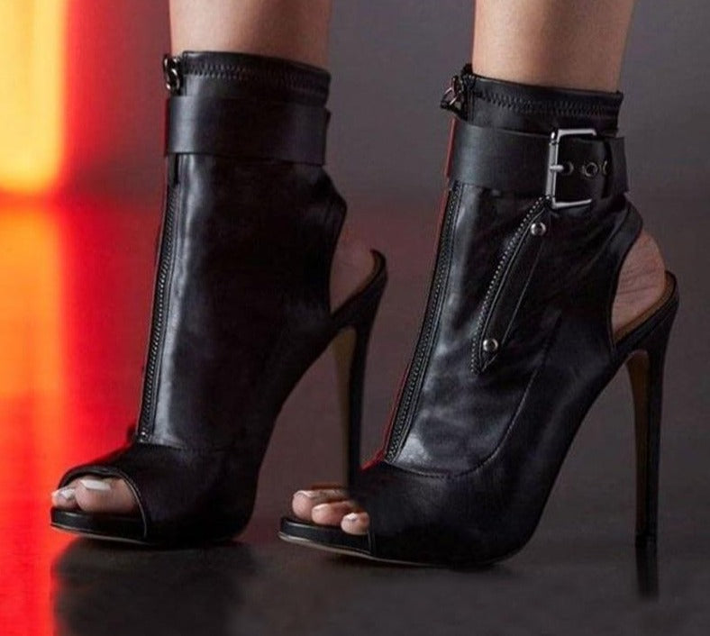 WW | PU-Peep Toe Schnallenriemen Reißverschluss Knöchel Stiletto Stiefel
