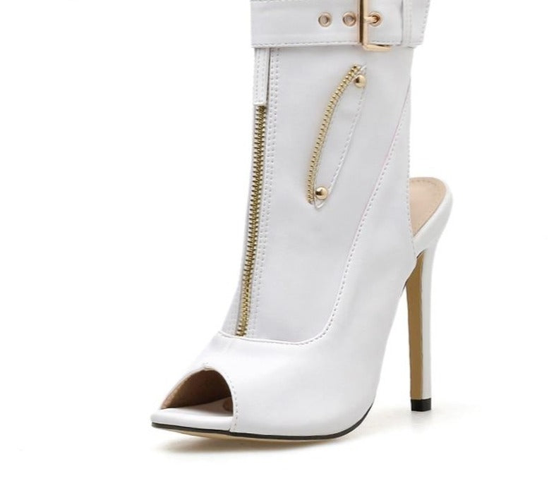 WW | PU-Peep Toe Schnallenriemen Reißverschluss Knöchel Stiletto Stiefel