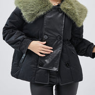 WW | Schwarze Pelzkragen Patchwork Feine Baumwollgefüllte Damen Wintermäntel
