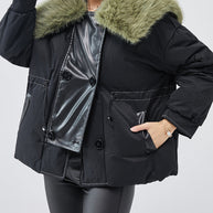 WW | Schwarze Pelzkragen Patchwork Feine Baumwollgefüllte Damen Wintermäntel