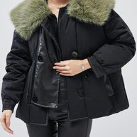 WW | Schwarze Pelzkragen Patchwork Feine Baumwollgefüllte Damen Wintermäntel