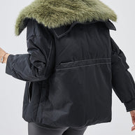WW | Schwarze Pelzkragen Patchwork Feine Baumwollgefüllte Damen Wintermäntel