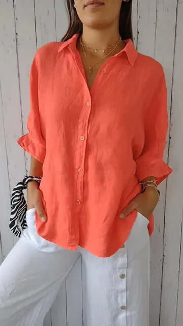 WW | Lässiges Shirt mit Schlaufenverschluss aus Baumwolle und Leinen für Frauen