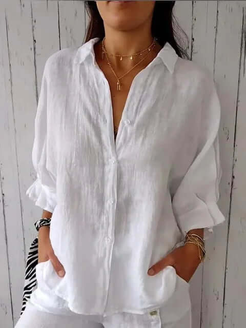 WW | Lässiges Shirt mit Schlaufenverschluss aus Baumwolle und Leinen für Frauen
