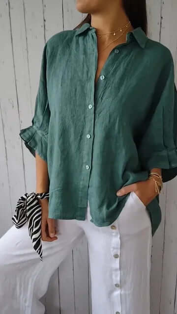 WW | Lässiges Shirt mit Schlaufenverschluss aus Baumwolle und Leinen für Frauen
