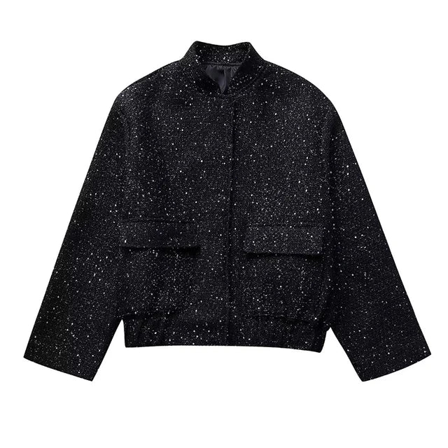 W&W Mode - Damen Locker geschnittene Pailletten Gold Bomberjacke mit Stehkragen