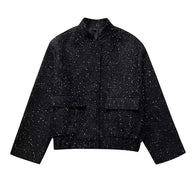 WW - Damen Locker geschnittene Pailletten Gold Bomberjacke mit Stehkragen