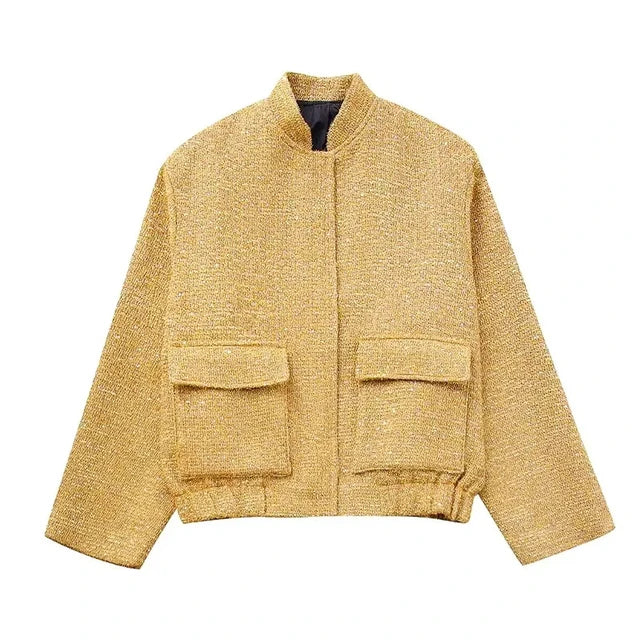 WW - Damen Locker geschnittene Pailletten Gold Bomberjacke mit Stehkragen