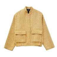 WW - Damen Locker geschnittene Pailletten Gold Bomberjacke mit Stehkragen